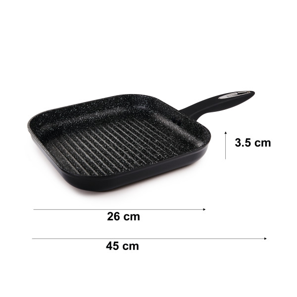 Grelha de alumínio forjado de 26 cm com pega de toque suave